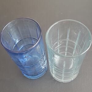 Anchor Hocking Tumbler Glasses Set of 2 Blue Clear Waffle Grid Pattern USA Made